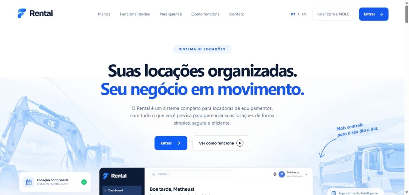 Captura da página de apresentação do Rental, sistema de gestão de locações